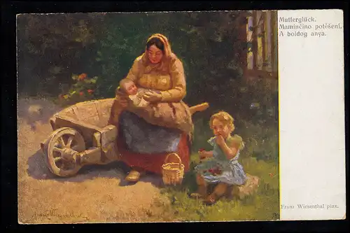 Künstler-AK Franz Wiesenthal: Mutterglück - Frau mit zwei Kindern im Garten