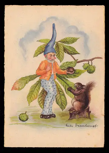 Caricature-AK Herta lutte aquatique: nain avec écureuil à la collecte des châtaignes