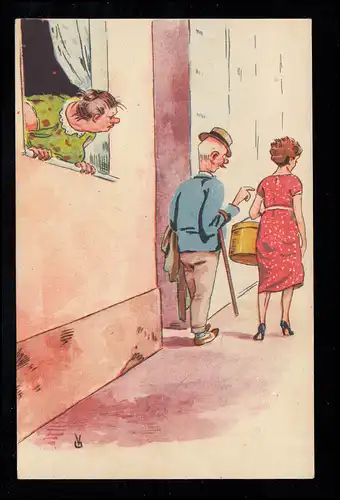 Caricature-AK Vue femme mal: mari embagère jeune femme, marqué