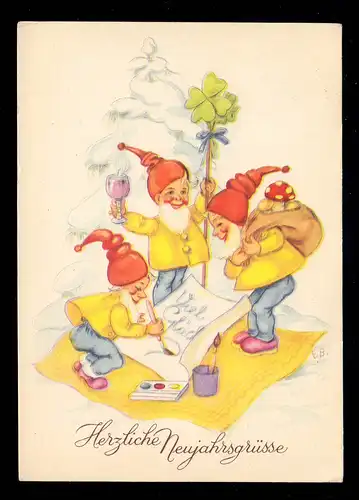 Caricature AK Trois nains écrivent Bonjour aux porte-bonheur du Nouvel An, KÖLN-DELLBRÜCK
