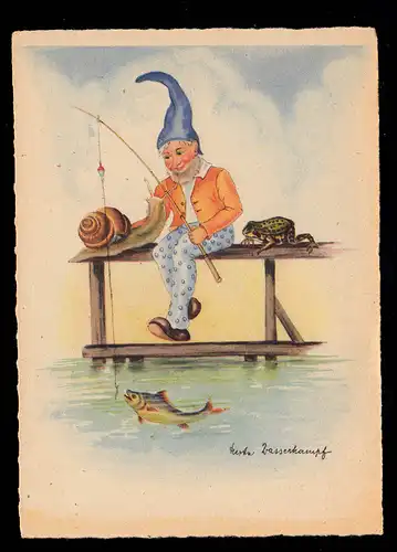Karikatur-AK Herta Wasserkampf: Zwerg Schnecke Frosch beim Angeln, ungebraucht