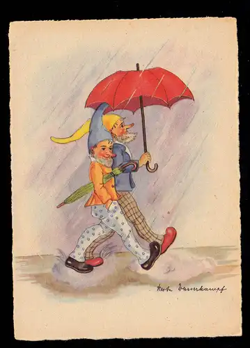 Caricature-AK Herta lutte contre l'eau: Deux nains sous le parapluie, inutilisé