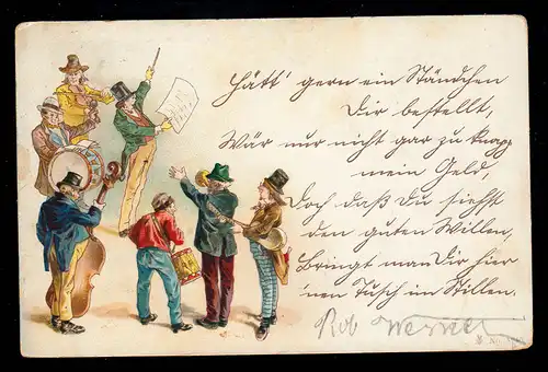 Karikatur-AK Lustige Musikanten mit Sänger, CHARLOTTENBURG 16.3.1904