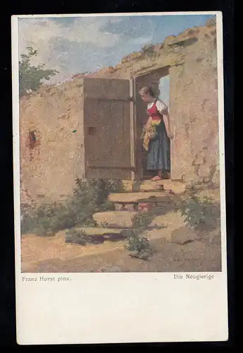 AK artiste Franz Horst: La curiosité - La femme ouvre la porte du jardin, REICHERSBERG