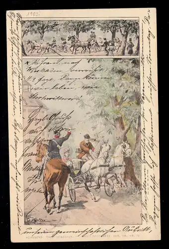 Künstler-AK Sport-Postkarte O. Walter: Kutschenfahrten, BERLIN 8i 2.5.1903 