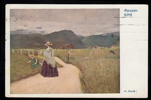 AK Artiste M Poosch: promenade Mère et fille avec croix de chemin VIENNE 28.12.30