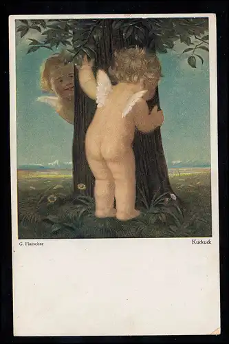 Künstler-AK G. Flatscher: Kuckuck - Versteckspiel der Engel, WELS 8.2.1921
