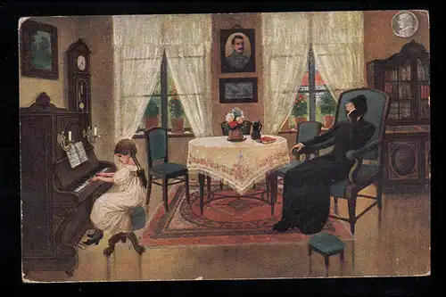 AK de l'artiste F. Maddalena: Longue, longue - enfant au piano, inutile