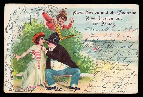 Karikatur-AK Zwei Herzen und ein Schlag! Der untreue Ehemann am Strand, 7.7.1902