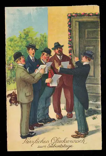 Karikatur-AK Der Männerchor singt nach Noten zum Geburtstag, NORDENHAM 1.10.1932