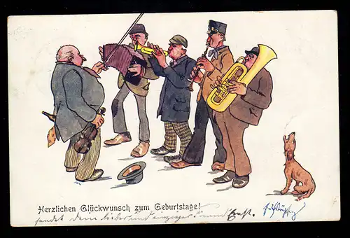 Caricature-AK Le chien pleurant - Les musiciens jouent mal, BERLIN 19 - 10.8.07