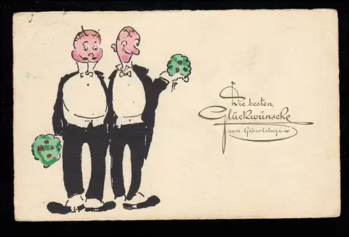 Karikatur-AK Zwei betrunkene Herren im Frack mit Blumen, SELB 5.3.1928