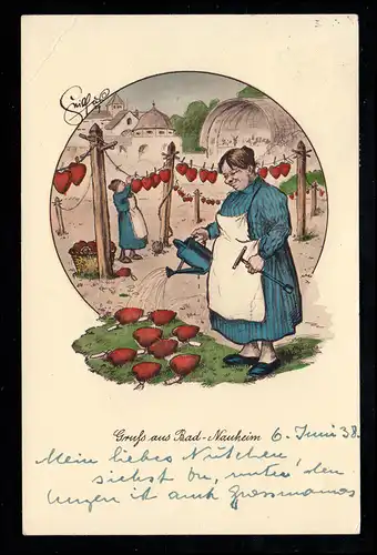 Caricature-AK Gruss de Bad Nauheim: bain de guérison pour cœurs brisés, 6.6.1938