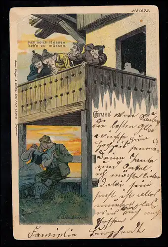 Karikatur-AK Der unverborgene Kuss - Der Neid vom Balkon, SAUBACH 5.5.1900