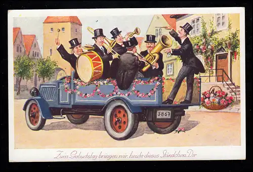 Caricature AK Pièce pour l'anniversaire - orchestre pour hommes sur camion, GÖRLITZ 1936