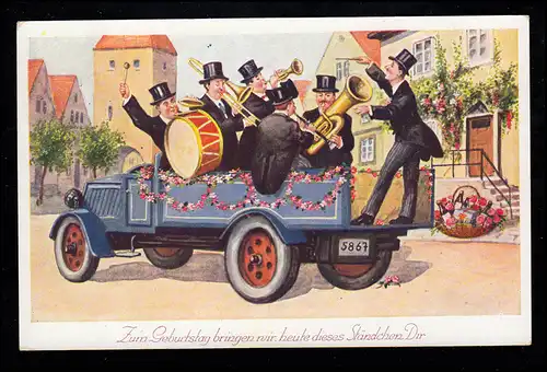 Karikatur-AK Ständchen zum Geburtstag - Herrenorchester auf LKW, GÖRLITZ 1936
