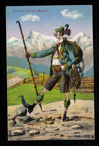 Karikatur-AK Der typische Bergwanderer: Nu 'ran mit die Berje, ungebraucht