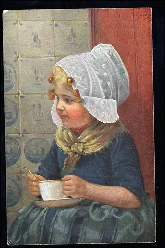 Enfants-AK Edmund Louyot: Un trésor chaleureux - Fille avec Tasse TRIER 31.3.1921