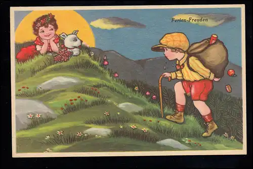 Kinder-AK Ferien-Freuden - Junge mit Rücksack zu Mädchen mit Hund, ungebraucht