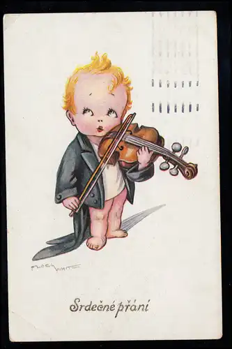 AK pour enfants Le petit violon avec une veste déjà grande, PRAG / PRAHA 27.9.1927