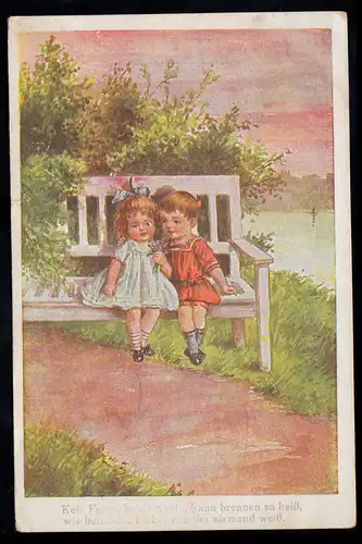 Kinder-AK Heimliche Liebe auf der Bank mit Gedicht, WIEN 24.5.1921