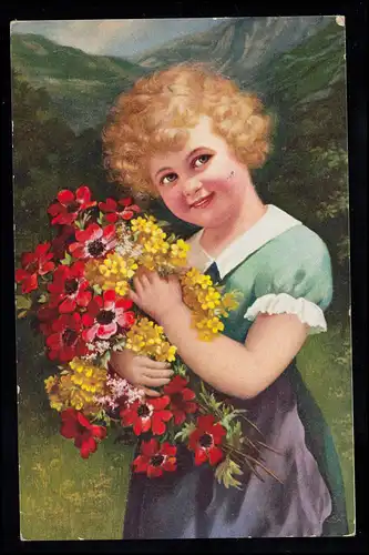 Enfants-AK Fille souriante avec bouquet de fleurs, BRESLAU 14.3.1929