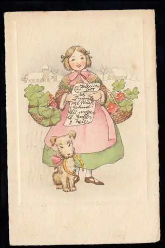 Italien Kinder-AK Mädchen mit Glücksklee und Hund mit Hufeisen, TURIN 14.5.1939