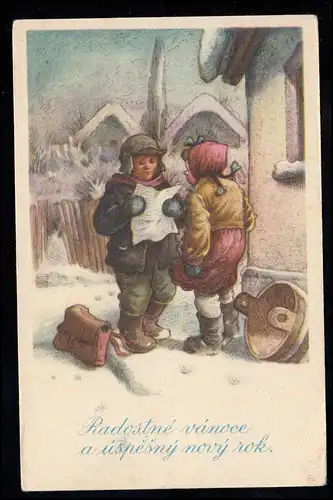 Kinder-AK C. Kotysan: Zwei Jungen beim Briefelesen im Schnee, ungebraucht