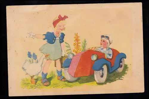 Enfants-AK La stop avec oie et valise - garçon dans la voiture, VIENNE 22.8.1944