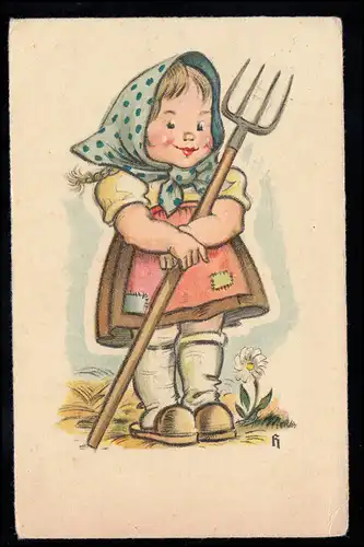 Kinder-AK Lächelndes Mädchen als Bäuerin mit Mistgabel, GRAZ 13.3.1944