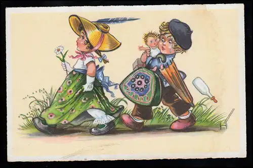 Enfants AK filles et garçon sur la randonnée avec poupée et bagages, inutilisé