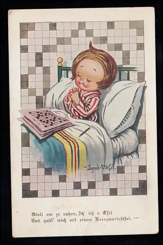 Kinder-AK Betendes Mädchen mit Kreuzworträtsel im Bett, 13.9.1939