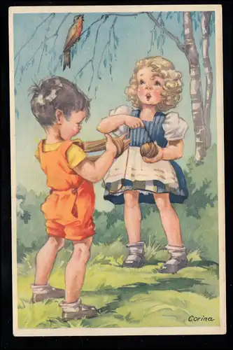 Enfants-AK Chantant enfants enveloppant la laine avec oiseau, marqué