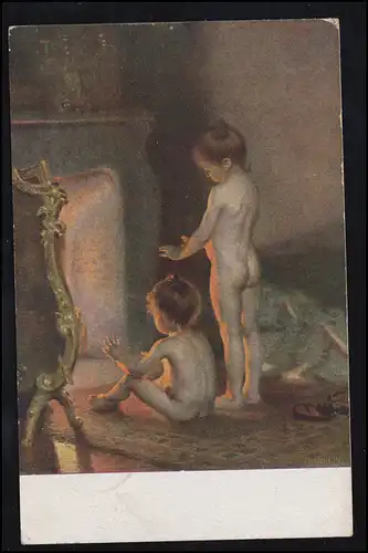 Künstler-AK Peel: Nach dem Bade Kinder vor dem Kamin SCHÖNBACH / LÖBAU 28.2.1917