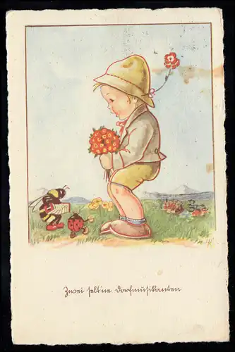Enfants AK animaux comme un garçon musicien de village avec des fleurs, VIENNE 23.9.1939
