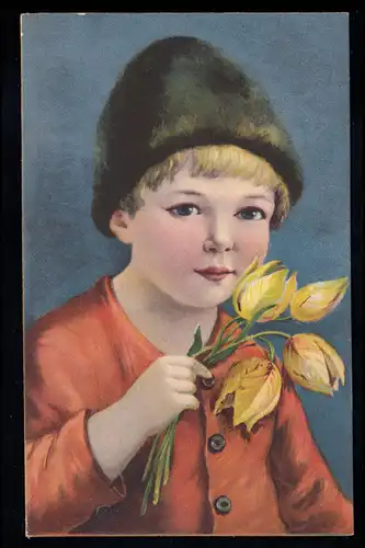 Enfants AK Garçon avec casquette noire et tulipes jaunes LUDWIGSDORF / NEEURODE 1925