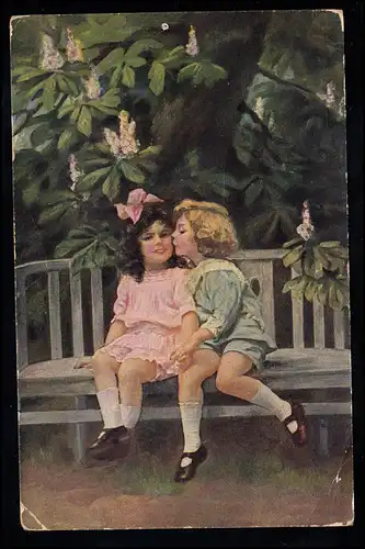 Kinder-AK Mädchen und Junge auf der Bank - Der erste Kuss, ungebraucht
