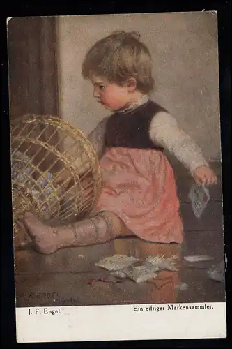 Kinder-AK J.F. Engel. Ein eifriger Markensammler, Deutsche Meister, ungebraucht