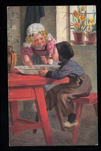 AK pour enfants Deux enfants mangent dans une assiette, NOUVEAUTÉ WALDNAB 21.4.1929