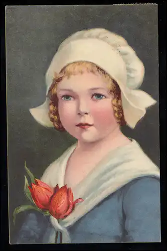 Kinder-AK Mädchen mit weißer Haube und roten Tulpen, BUNZLAU 29.6.1925