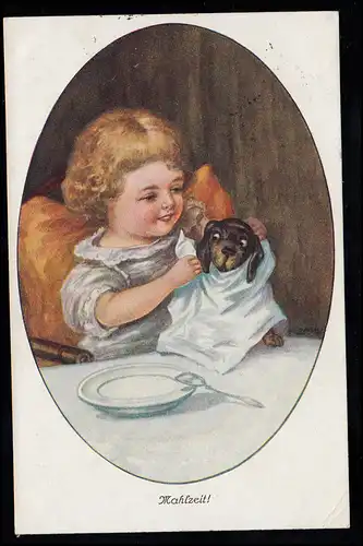 Kinder-AK Mahlzeit - Kind mit Hund am Tisch, COSWIG (SACHSEN) 4.6.1921