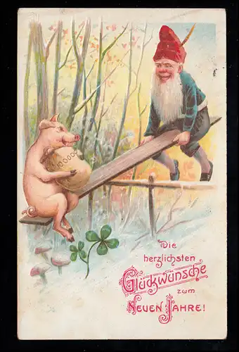 Caricature-AK Nouvel An: Sur le berceau avec porc et argent, LAUTERBACH 1907