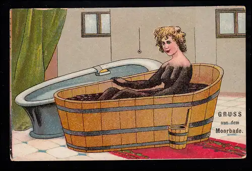 Caricature-AK Gruss de la Moorbade: femme dans la baignoire, marquée