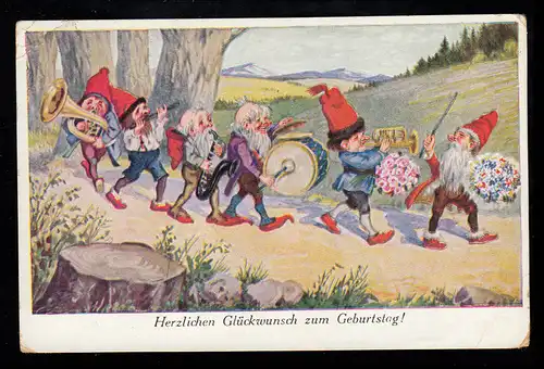 Karikatur-AK Geburtstag: Musikorchester Zwerge musizieren, NEUSTRELITZ 24.7.1928