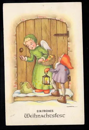 Karikatur-AK: Engel und Zwerg klopfen an die Tür,  BAD ZWISCHENAHN 24.12.1951
