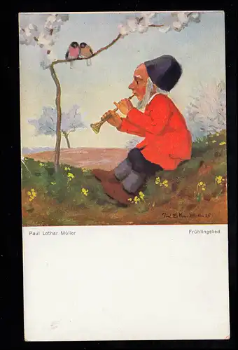 Caricature-AK Cantique de printemps: Nain joue la flûte devant les oiseaux, marqué en 1930