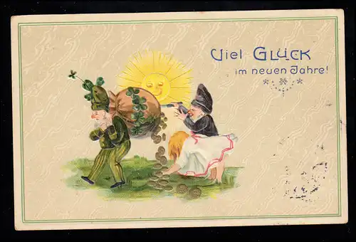 Karikatur-AK Böser Zwerg mit Messer: Zwerg mit Sack verliert Glückstaler, LÜBECK