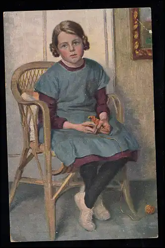 Kinder-AK Otto Kubel: Bei der Häkelarbeit, 1927 nach München