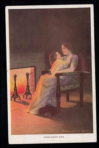 USA Enfants-AK Le baiser de bonne nuit entre mère et fille à la cheminée