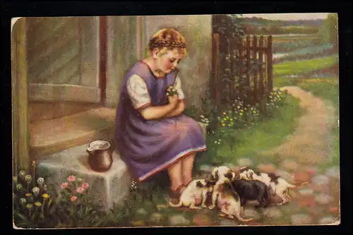 Enfants-AK temps d'alimentation - La fille et ses chiots, VIENNE 19.7.1926